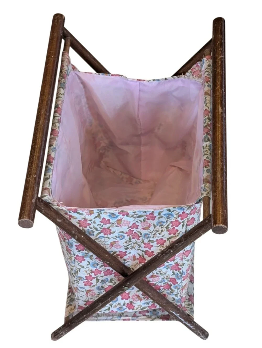 Vintage mid-century folding wooden sewing basket, knitting caddy, craft tote